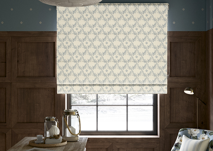 Trellis Prints, Vine and Bloom Romsey Raffs Blue - Roman Blind - Image 3